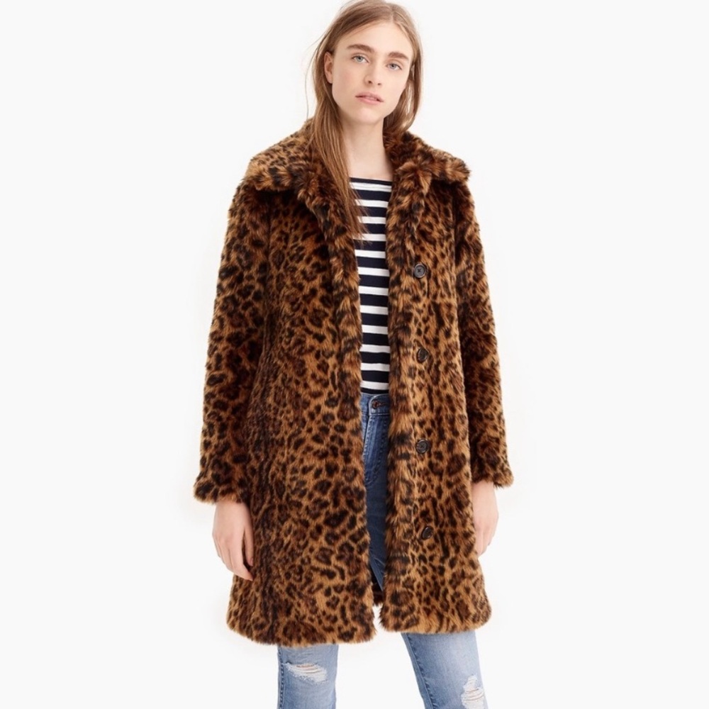 NWOT J Crew faux fur leopard coat XXS